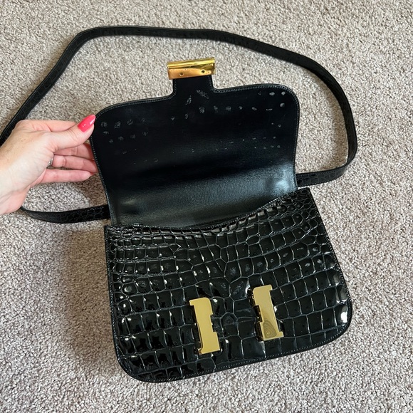 Vintage Umberto H Gold Black Patent Croc Leather Crossbody Shoulder Constance - Picture 6 of 11